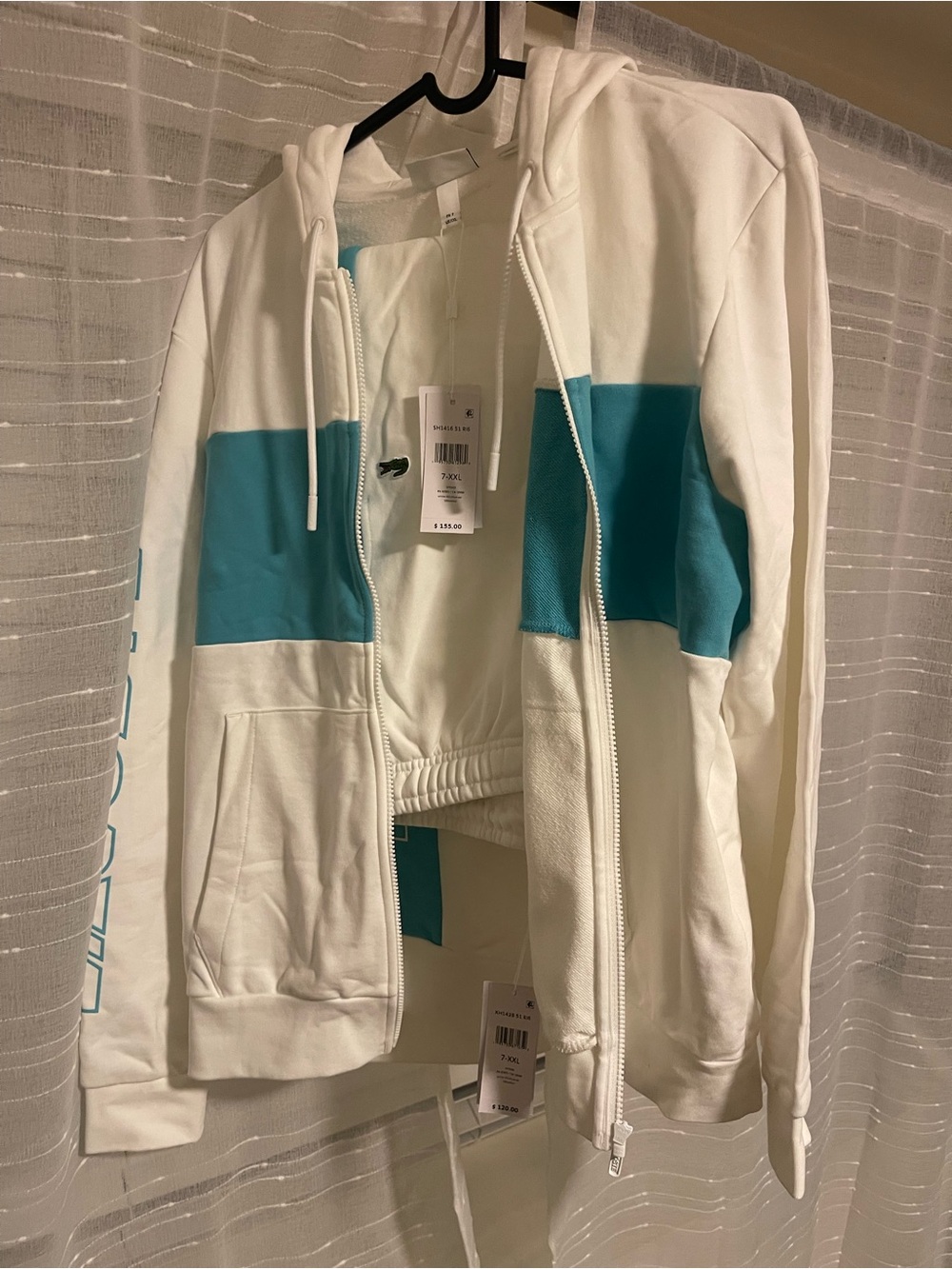 Lacoste White Hoodie with Teal Colorblocks